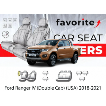 Чохли модельні Ford Ranger (USA) 2018-2021 (пікап) (airbag, спинка і сидіння суцільні, пер. і задн.підл.,5підг.)